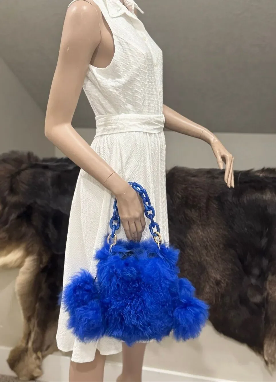 One of a kind! Unique Handmade Blue Real Curly Shearling Drawstring Bucket Bag